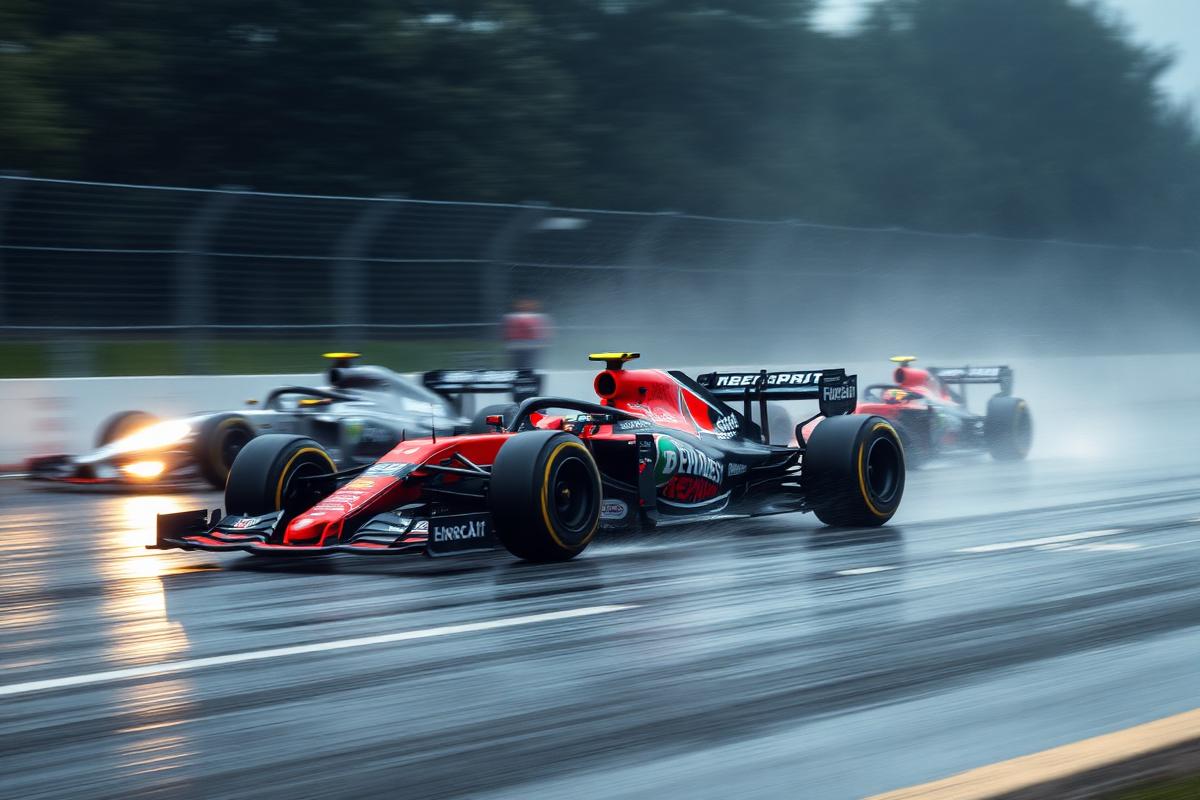 F1 cars racing in the rain at high speed