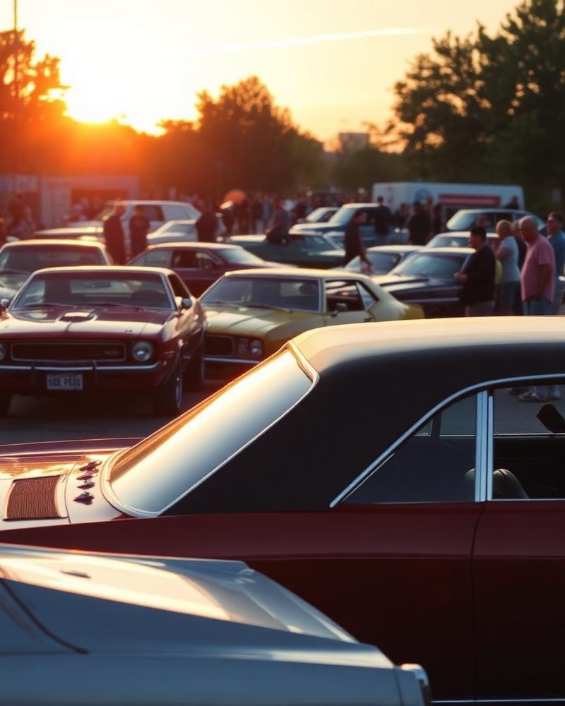 Classic car meet at sunset