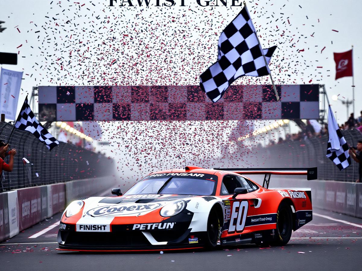 Race car crossing finish line with checkered flag